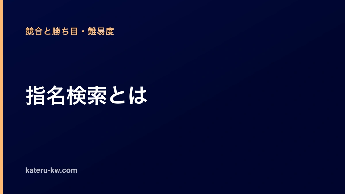 濃紺の地に「指名検索とは」と白い太字で大きく置いたアイキャッチ。左上に薄い橙色でカテゴリ名「競合と勝ち目・難易度」、左下に白でサイトのドメインが並び、左端に薄い橙色の細い縦帯が上下いっぱいに通る。図やイラストはない。