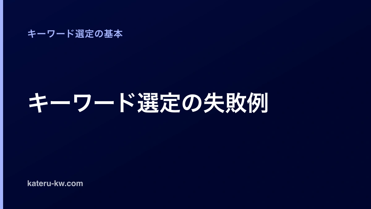 濃紺の地に「キーワード選定の失敗例」と白い太字で大きく置いたアイキャッチ。左上に薄い青でカテゴリ名「キーワード選定の基本」、左下に同じ色でサイトのドメインが並ぶ。左端に細い縦の帯がある。図やイラストはない。
