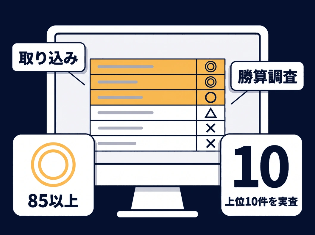 キーワードの一覧に勝算度の判定記号が付いた画面のイメージ